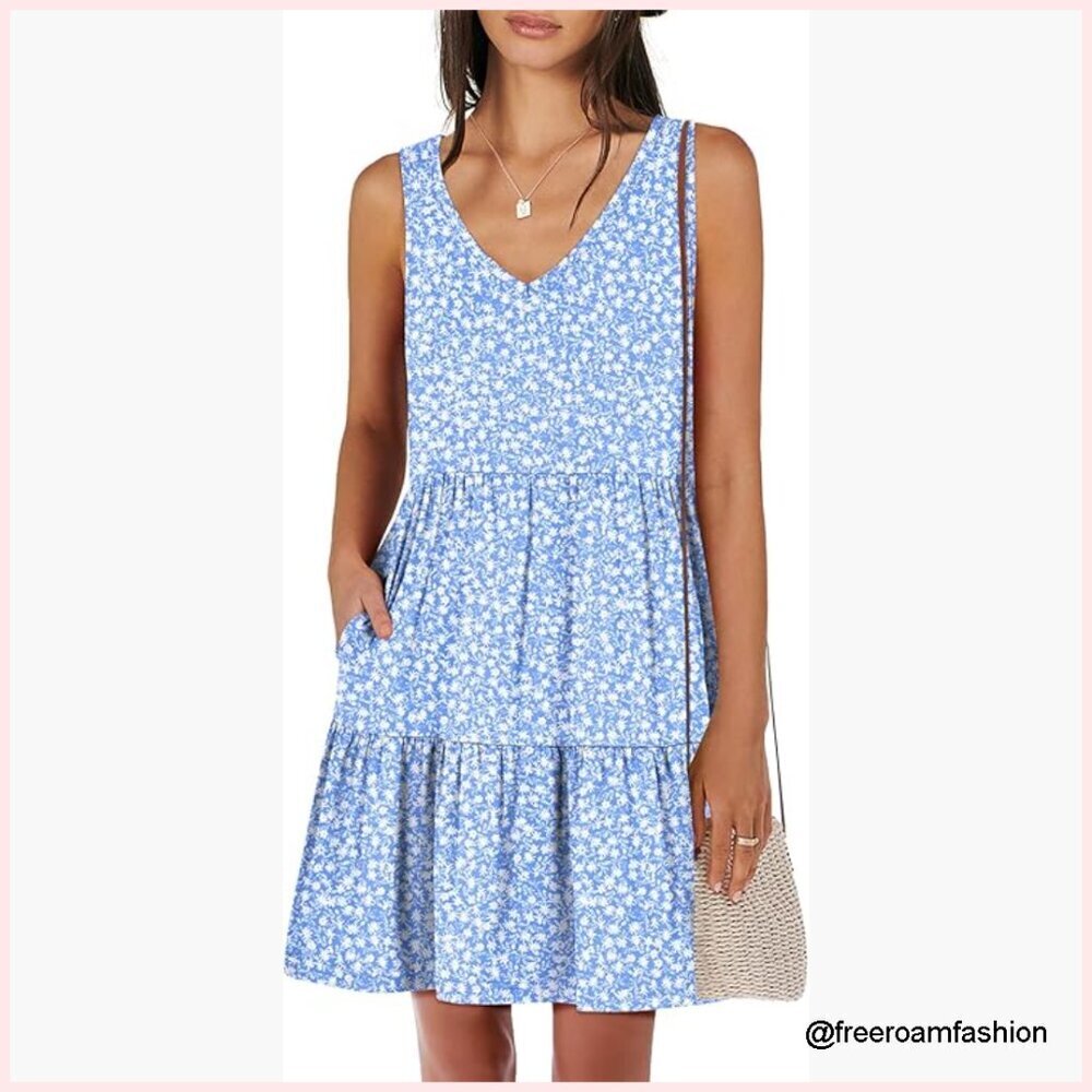 Sleeveless V-Neck Tiered Swing Mini Dress Casual Summer Beach Vacation